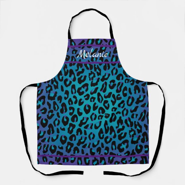 Trendy Purple Teal Leopard Animal Print with Name Apron (Front)