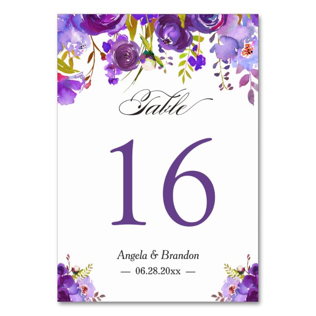 Trendy Purple Violet Floral Wedding Table Number (Front)