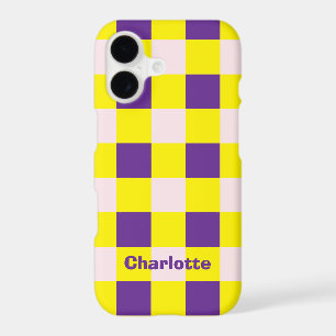 Trendy Purple Yellow Custom Name Checkboard Plaid