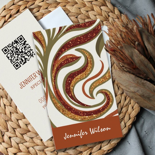 Trendy QR code abstract glitter terracotta green  Business Card (Creator Uploaded)