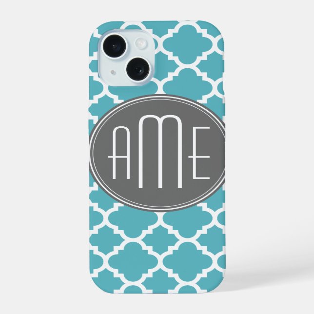 Trendy Quatrefoil Pattern Custom Triple Monogram iPhone 15 Case (Back)