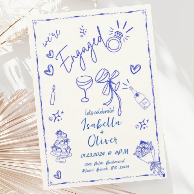 Trendy Quirky Blue Hand Drawn Engagement Party Invitation (Creator Uploaded)