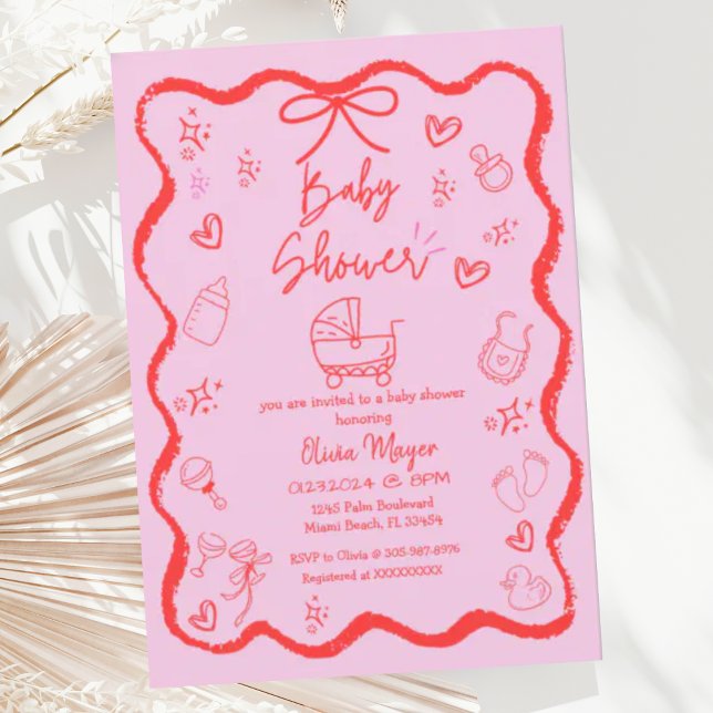 Trendy Quirky Wavy Hand Drawn Bow Baby Shower Invitation (Creator Uploaded)