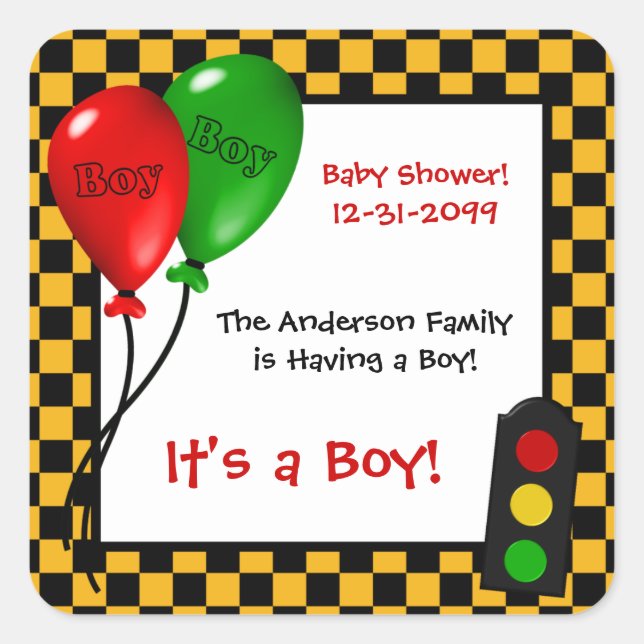 Trendy Race Car Checkers Boy Baby Shower Square Sticker (Front)