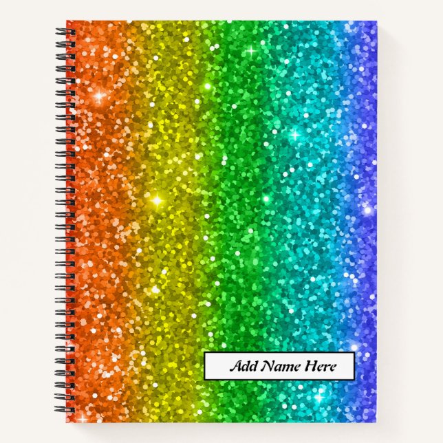 Trendy Rainbow Glitter Customizable Name  Notebook (Front)