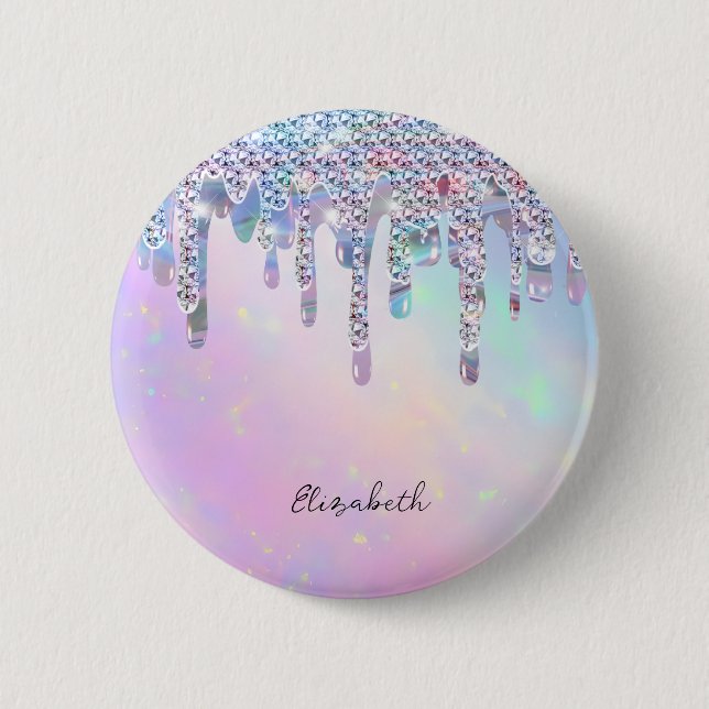 Trendy Rainbow Glitter Drips Holographic 2 Inch Round Button (Front)