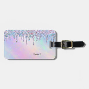 Trendy Rainbow Glitter Drips Holographic Luggage Tag