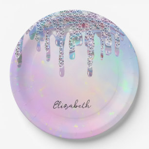 Trendy Rainbow Glitter Drips Holographic Paper Plate