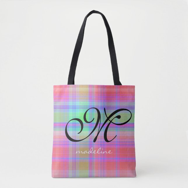 Trendy Rainbow Plaid Stripes Girly Script Monogram Tote Bag (Front)