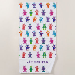 Trendy Rainbow Robots Pattern Personalized Kids Beach Towel