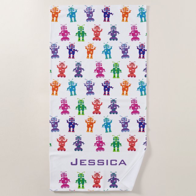 Trendy Rainbow Robots Pattern Personalized Kids Beach Towel (Front)