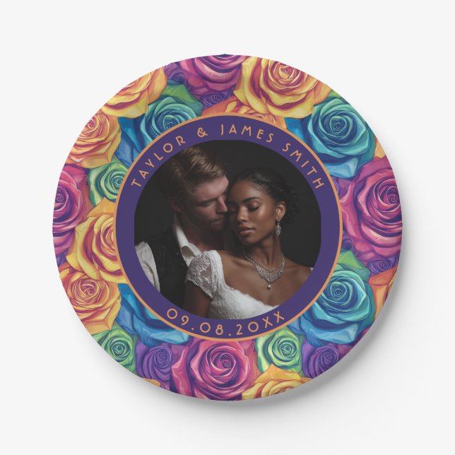 Trendy Rainbow Rose Plates For Backyard Wedding (Front)