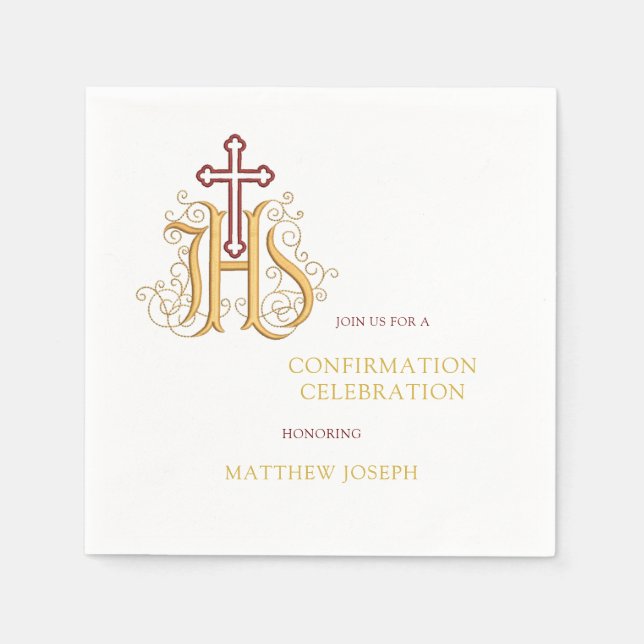 Trendy Red and Gold Flourish Confirmation Napkin (Front)