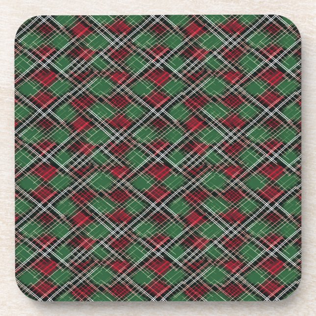 Trendy Red and Green Christmas Plaid Pattern Coaster (Front)