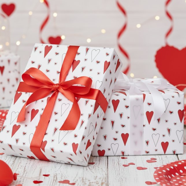 Trendy Red and White Cute Heart Pattern Wrapping Paper (Sweet Valentine's Day Wrapping Paper for Kids. Cute Fun Red Hearts & Polka Dots Pattern for Girl)