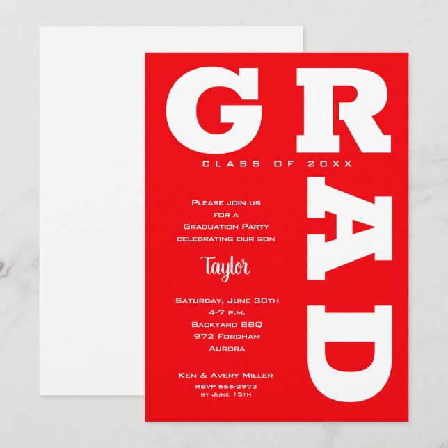 Trendy Red and White Graduation Invitation (Front/Back)