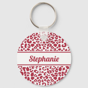 Trendy Red and White Leopard Print With Name Keychain