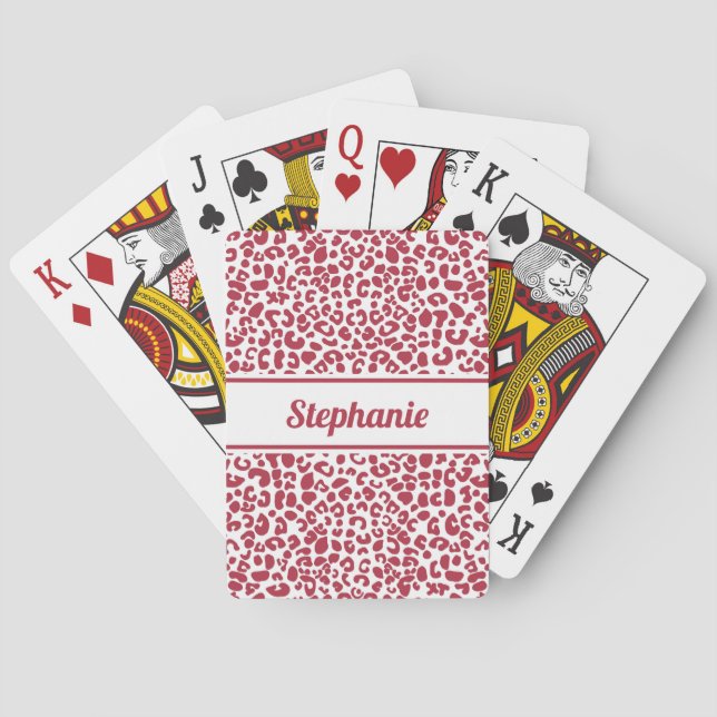 Trendy Red and White Leopard Print With Name Playing Cards (Back)