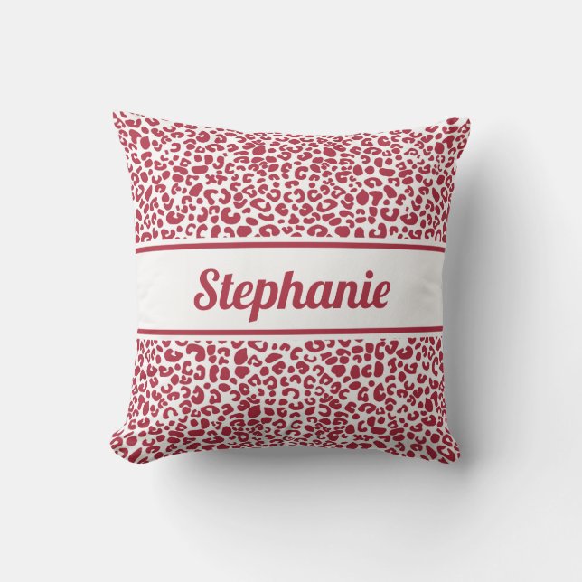 Trendy Red and White Leopard Print With Name Throw Pillow (Front)