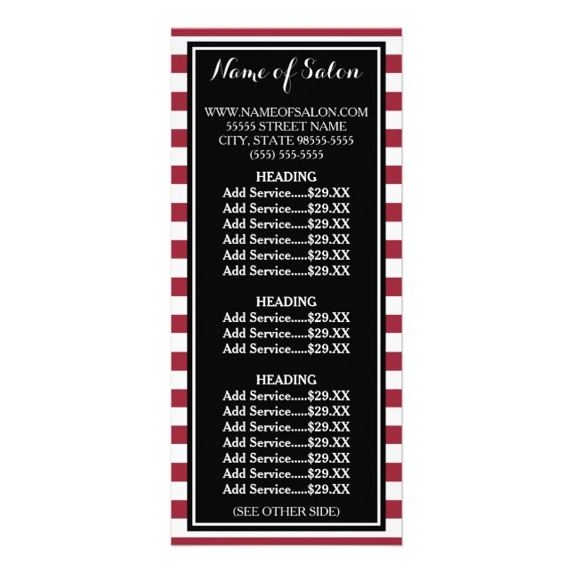 Trendy Red and White Stripes Salon Price List Rack Card (Front)