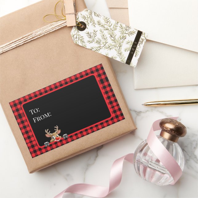 Trendy Red Black Buffalo Check with Reindeer  Sticker (Gifting)