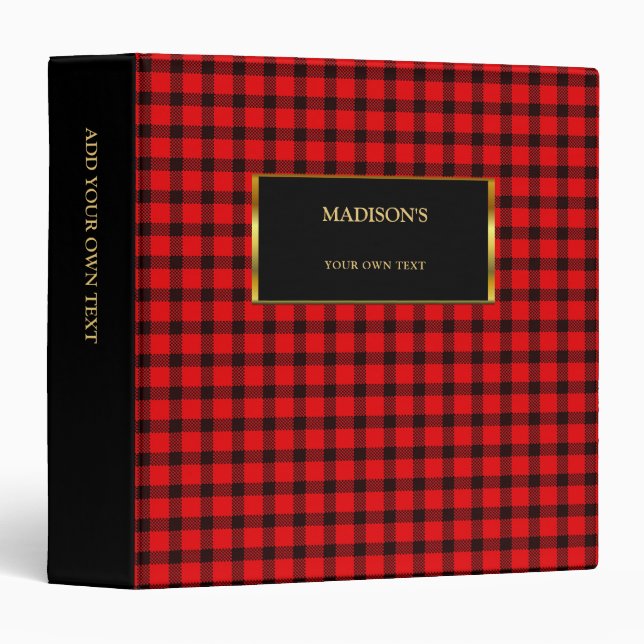 Trendy red black buffalo plaid gold binder (Front/Spine)