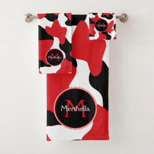 Trendy Red Black Cow Print Monogram Bath Towel Set