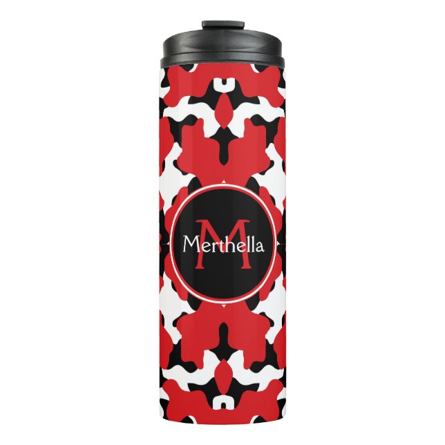 Trendy Red Black Cow Print Monogram Thermal Tumbler (Front)