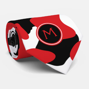 Trendy Red Black Cow Print Monogram Tie
