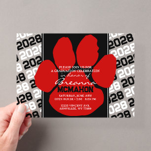 Trendy Red & Black Graduation Pawprint Clear Acrylic Invitations