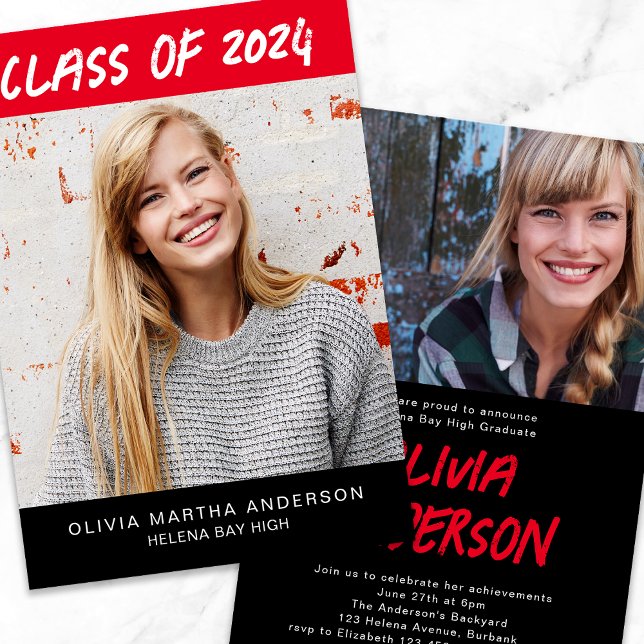 Trendy Red Black Photos Graduation Invitation (Creator Uploaded)