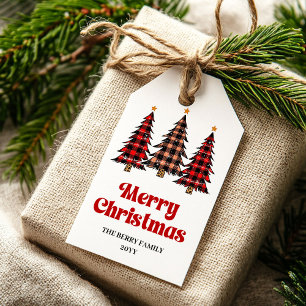 Trendy red black plaid gift tag editable name