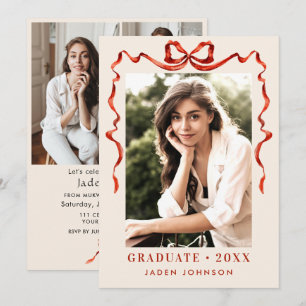 Trendy Red Bow Ribbon 4 PHOTO Graduation Party Invitation