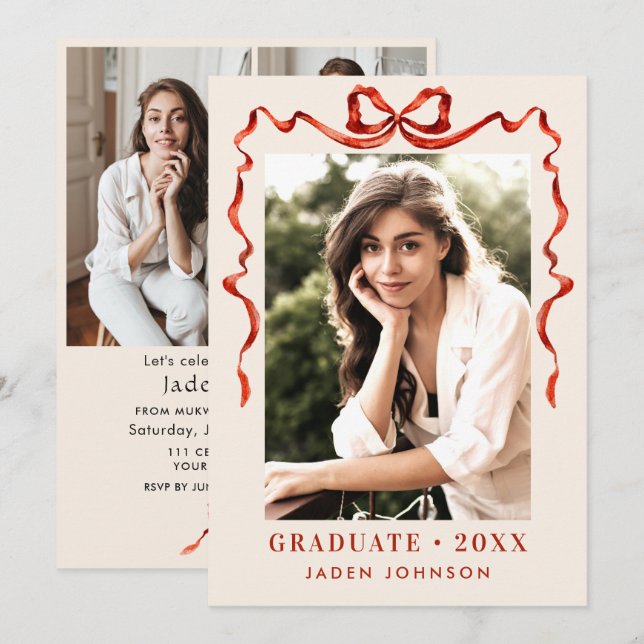 Trendy Red Bow Ribbon 4 PHOTO Graduation Party Invitation (Front/Back)