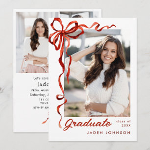 Trendy Red Bow Ribbon 4 PHOTO Graduation Party Invitation