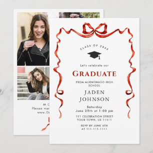 Trendy Red Bow Ribbon 4 PHOTO Graduation Party Invitation