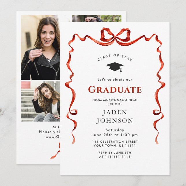 Trendy Red Bow Ribbon 4 PHOTO Graduation Party Invitation (Front/Back)