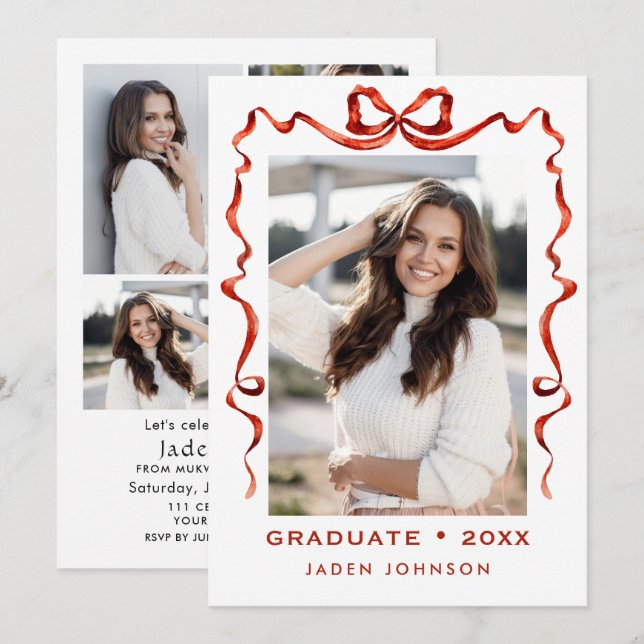 Trendy Red Bow Ribbon 5 PHOTO Graduation Party Invitation (Front/Back)