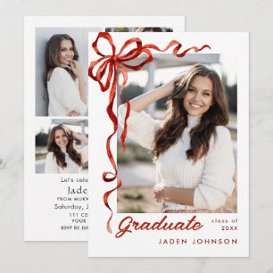 Trendy Red Bow Ribbon 5 PHOTO Graduation Party Invitation