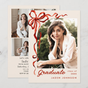 Trendy Red Bow Ribbon 5 PHOTO Graduation Party Invitation