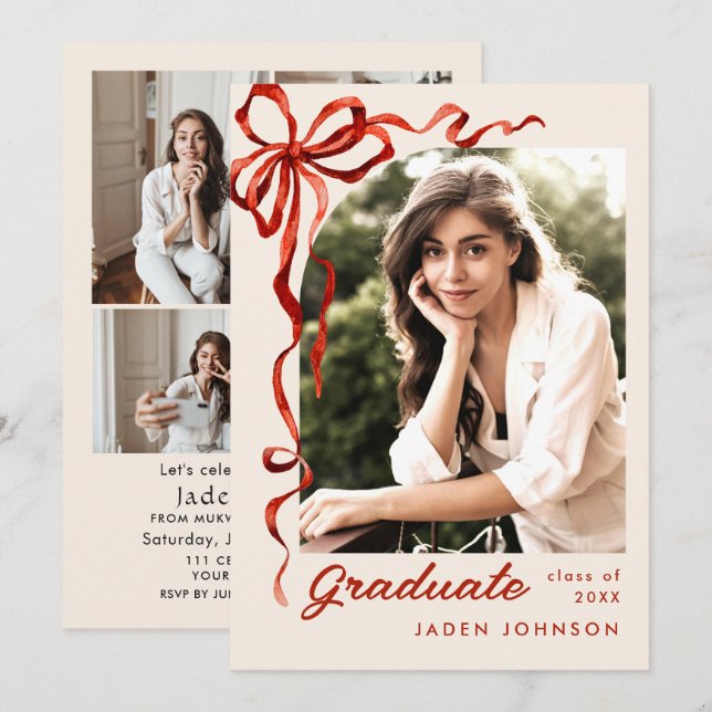 Trendy Red Bow Ribbon 5 PHOTO Graduation Party Invitation (Front/Back)