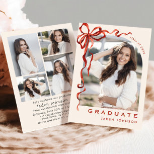 Trendy Red Bow Ribbon 5 PHOTO Graduation Party Invitation