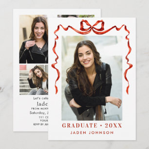 Trendy Red Bow Ribbon 5 PHOTO Graduation Party Invitation