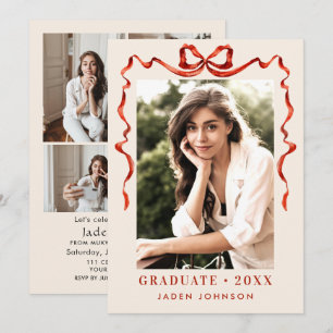 Trendy Red Bow Ribbon 5 PHOTO Graduation Party Invitation
