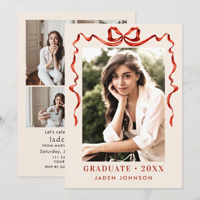 Trendy Red Bow Ribbon 5 PHOTO Graduation Party Invitation (Front/Back)