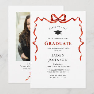 Trendy Red Bow Ribbon PHOTO Graduation Party Invitation