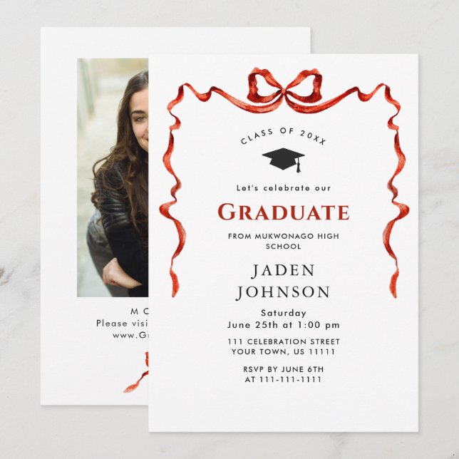 Trendy Red Bow Ribbon PHOTO Graduation Party Invitation (Front/Back)