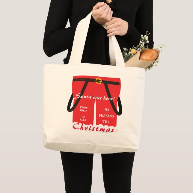 Trendy Red Christmas Santa Pants Gifts & Treats Large Tote Bag (Front (Product))