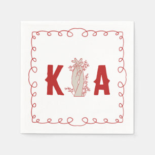Trendy Red Custom Initial Floral Hand Drawn Doodle Napkin