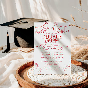 Trendy Red Doodle Double Graduation Party Invitation